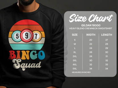 Gildan 18000 sweatshirt size chart with "Bingo Squad" graphic.