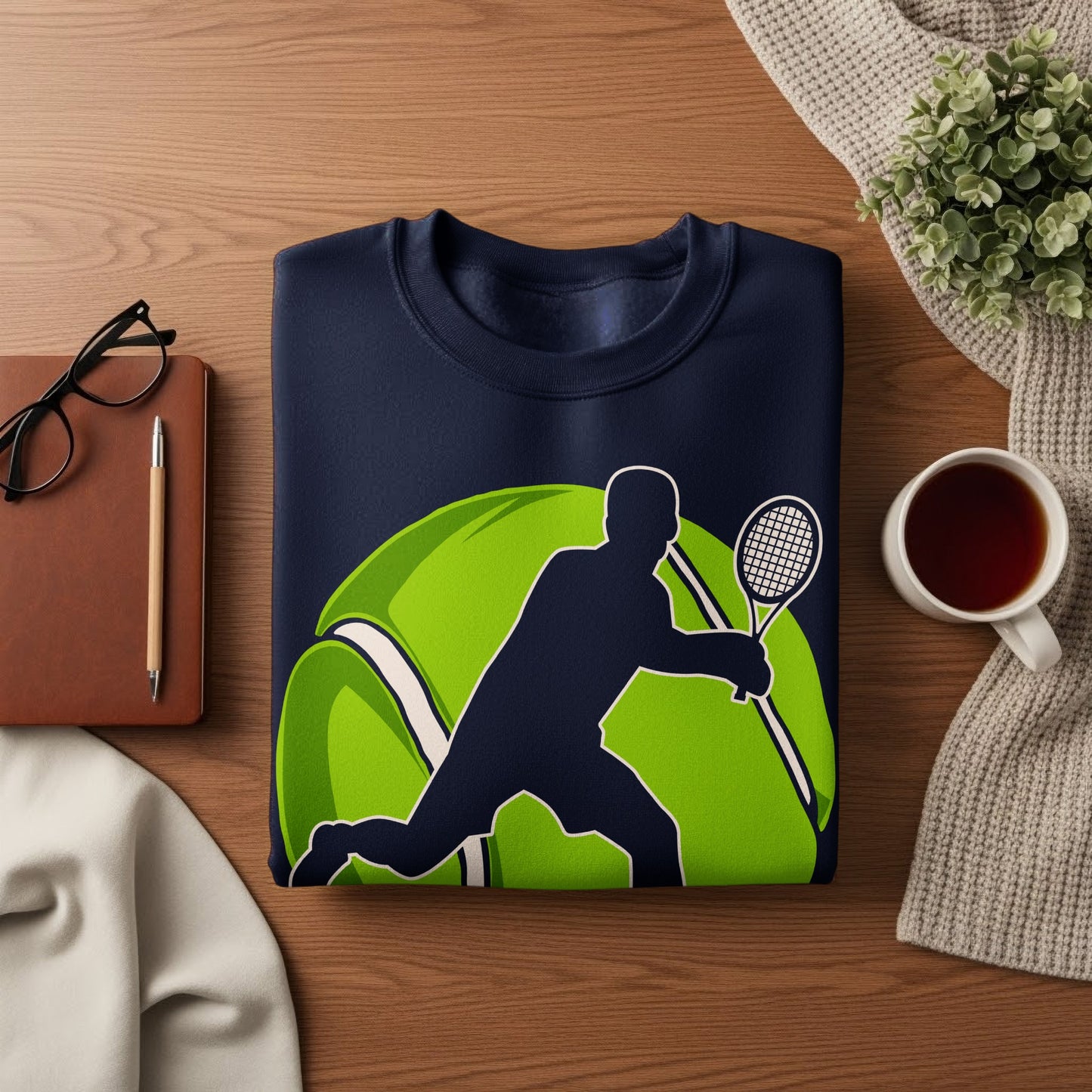 Navy sweatshirt with a tennis player silhouette on a large green tennis ball.