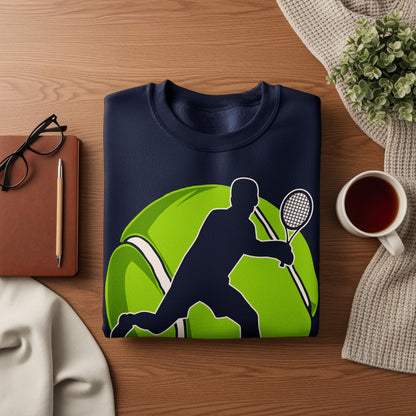 Navy sweatshirt with a tennis player silhouette on a large green tennis ball.