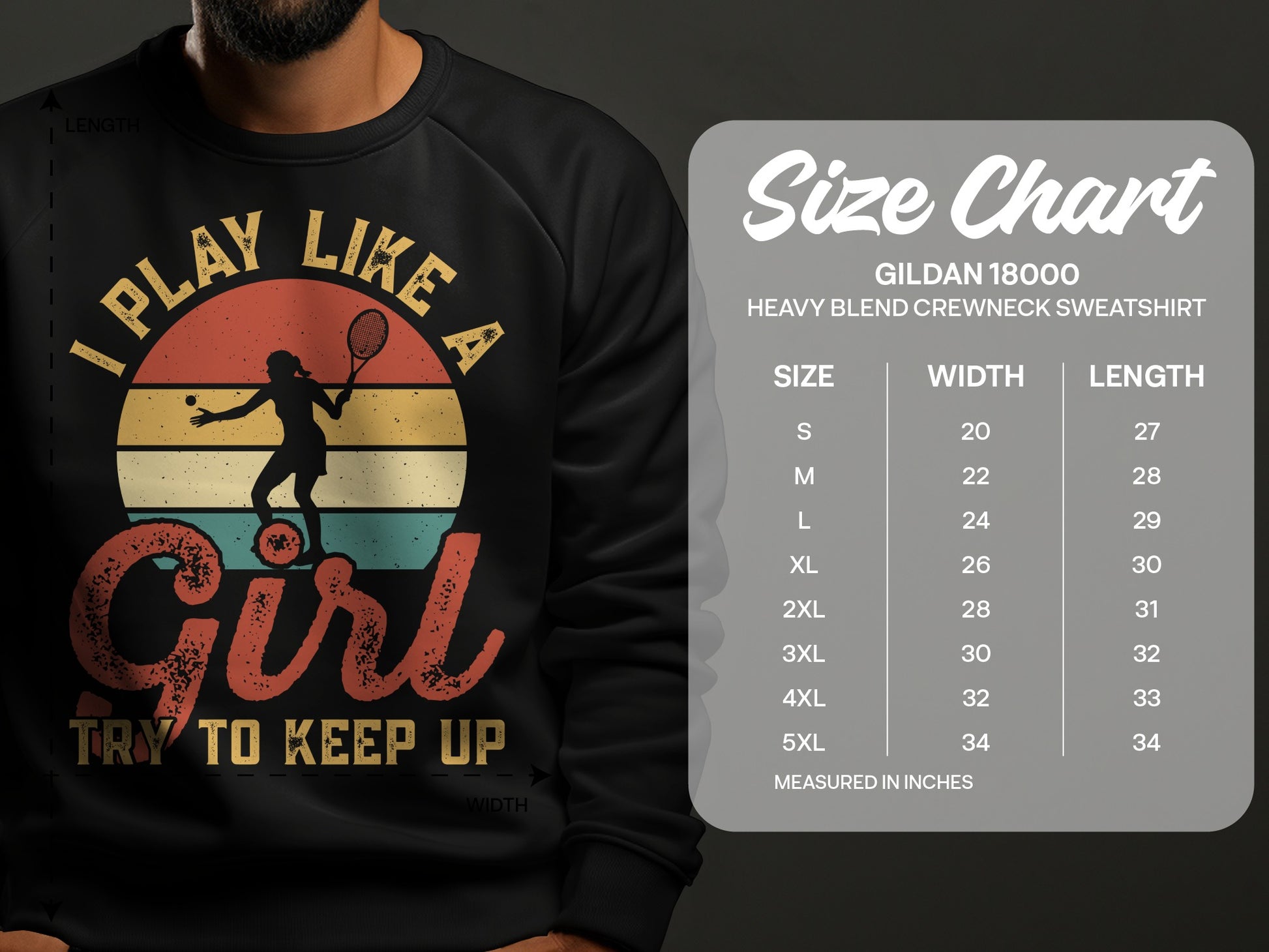Girl playing tennis graphic on vintage sweatshirt with size chart.