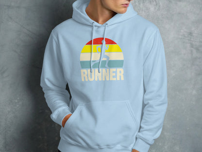Light blue hoodie with a distressed graphic of a runner and the word "RUNNER" against a sunset.