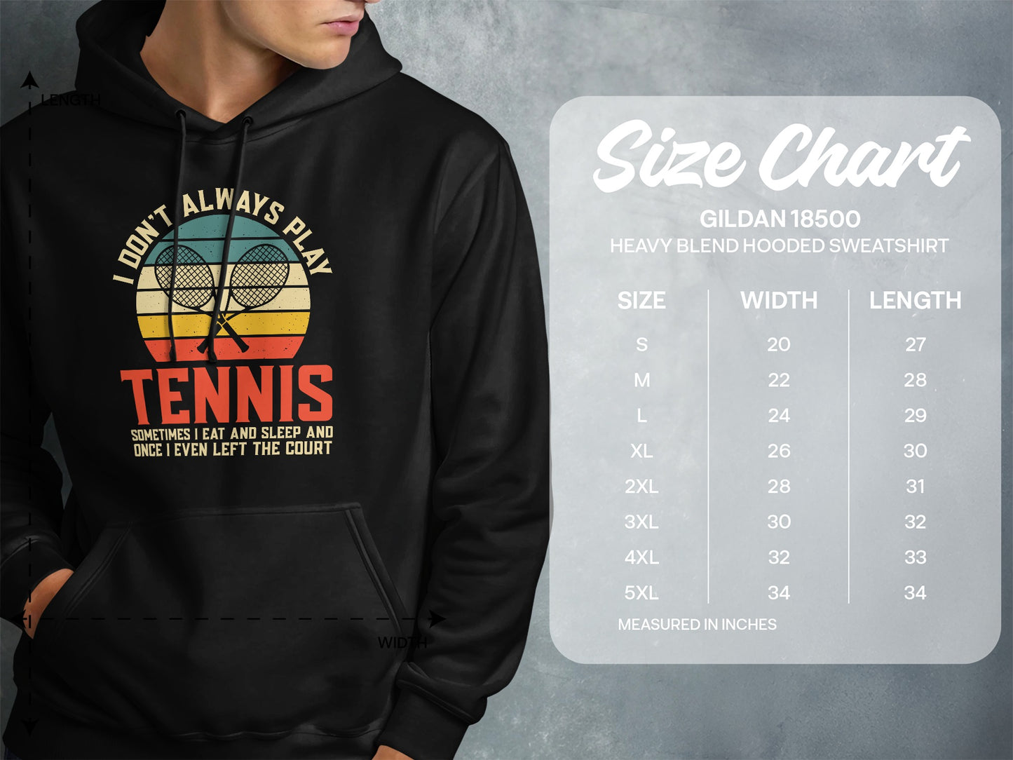 Hooded sweatshirt with tennis graphic and size chart.