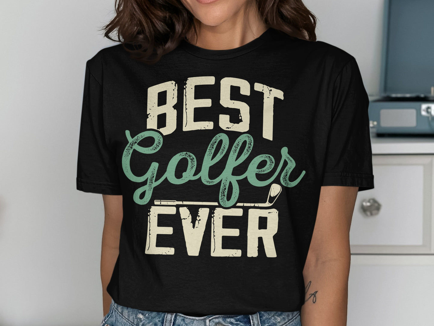 Black t-shirt with text "BEST Golfer EVER" and a golf club graphic.