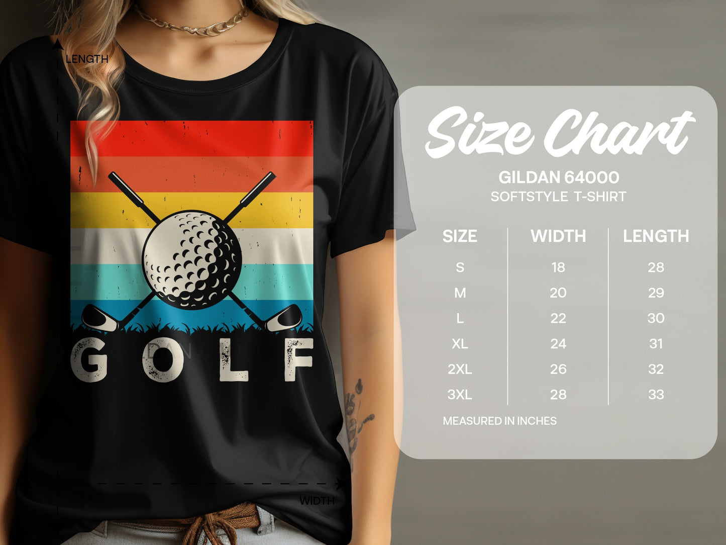 Gildan 64000 softstyle t-shirt size chart with golf graphic.