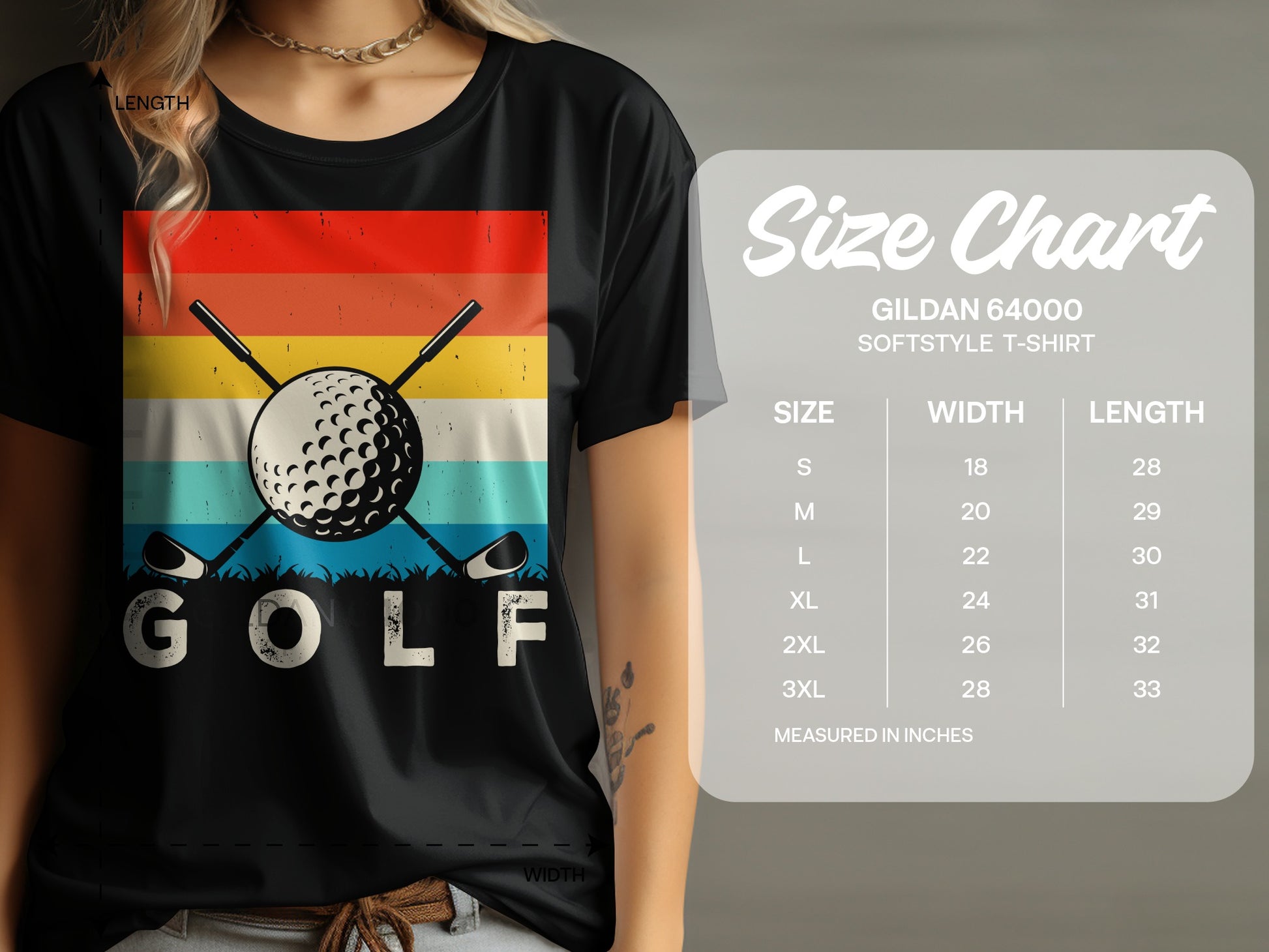 Gildan 64000 softstyle t-shirt size chart with golf graphic.