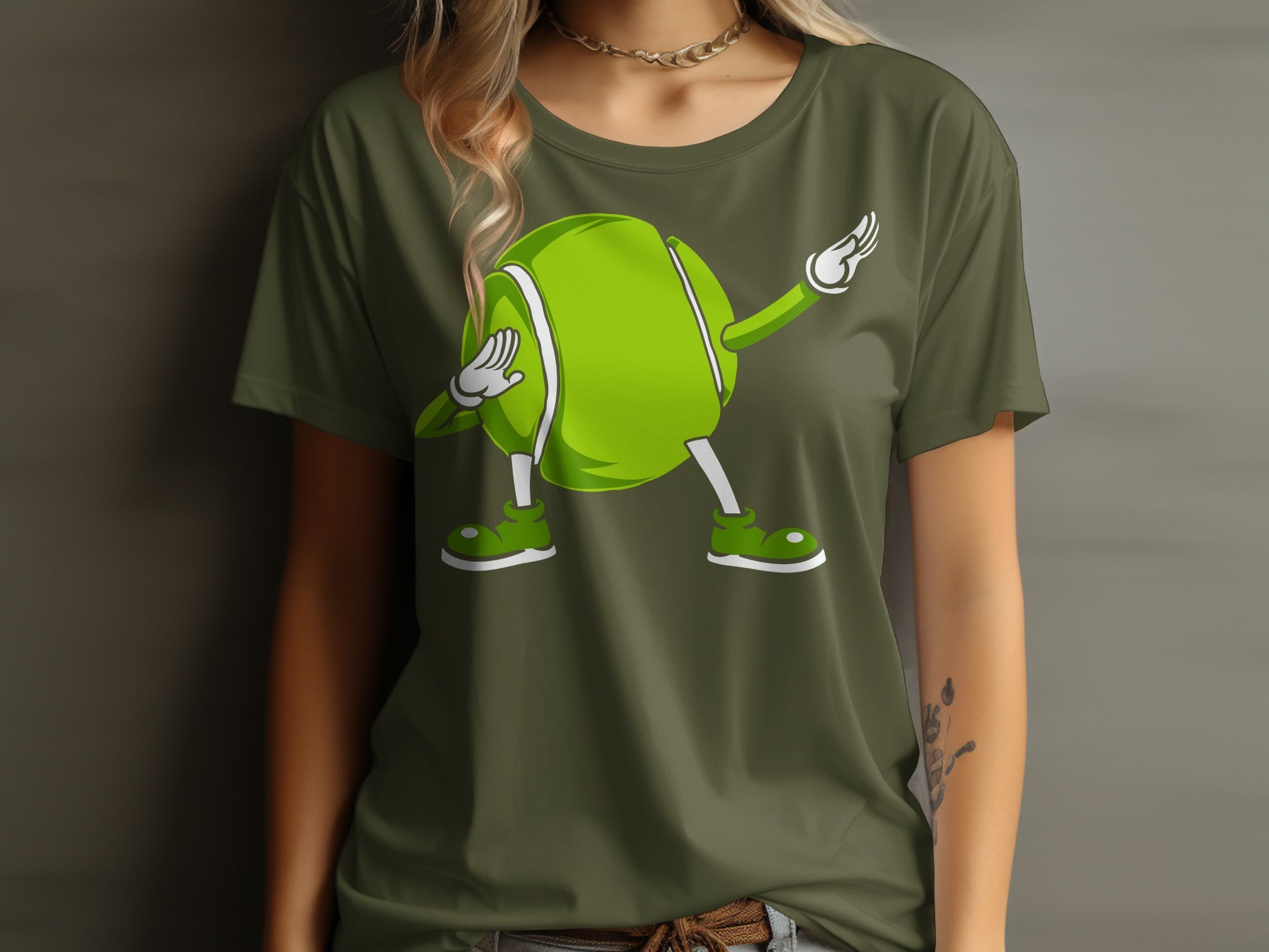 Cartoon tennis ball with arms and legs doing the dab dance.