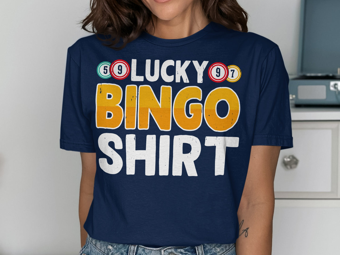 Navy t-shirt with "LUCKY BINGO SHIRT" in colorful letters and numbers.