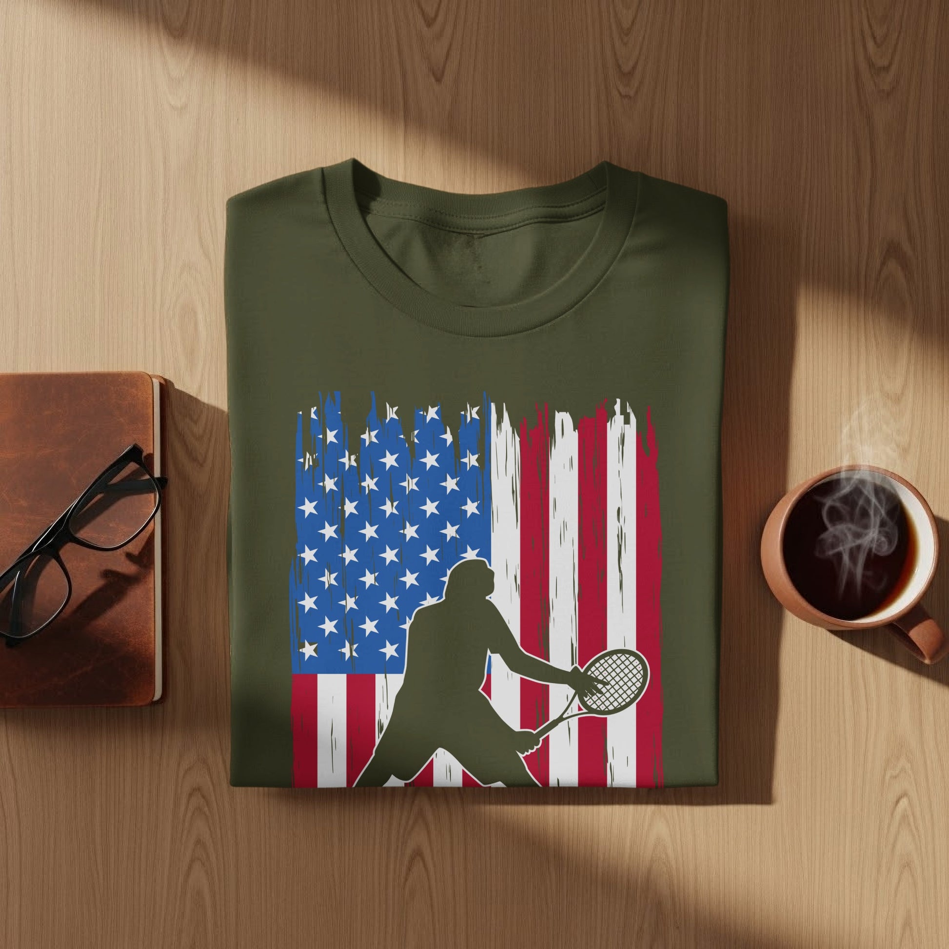 Green t-shirt with distressed American flag and tennis player silhouette.