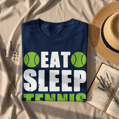 Navy t-shirt with "EAT SLEEP TENNIS" in white and green text.