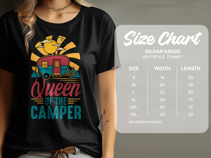 T-shirt with "Queen of the Camper" graphic and size chart.