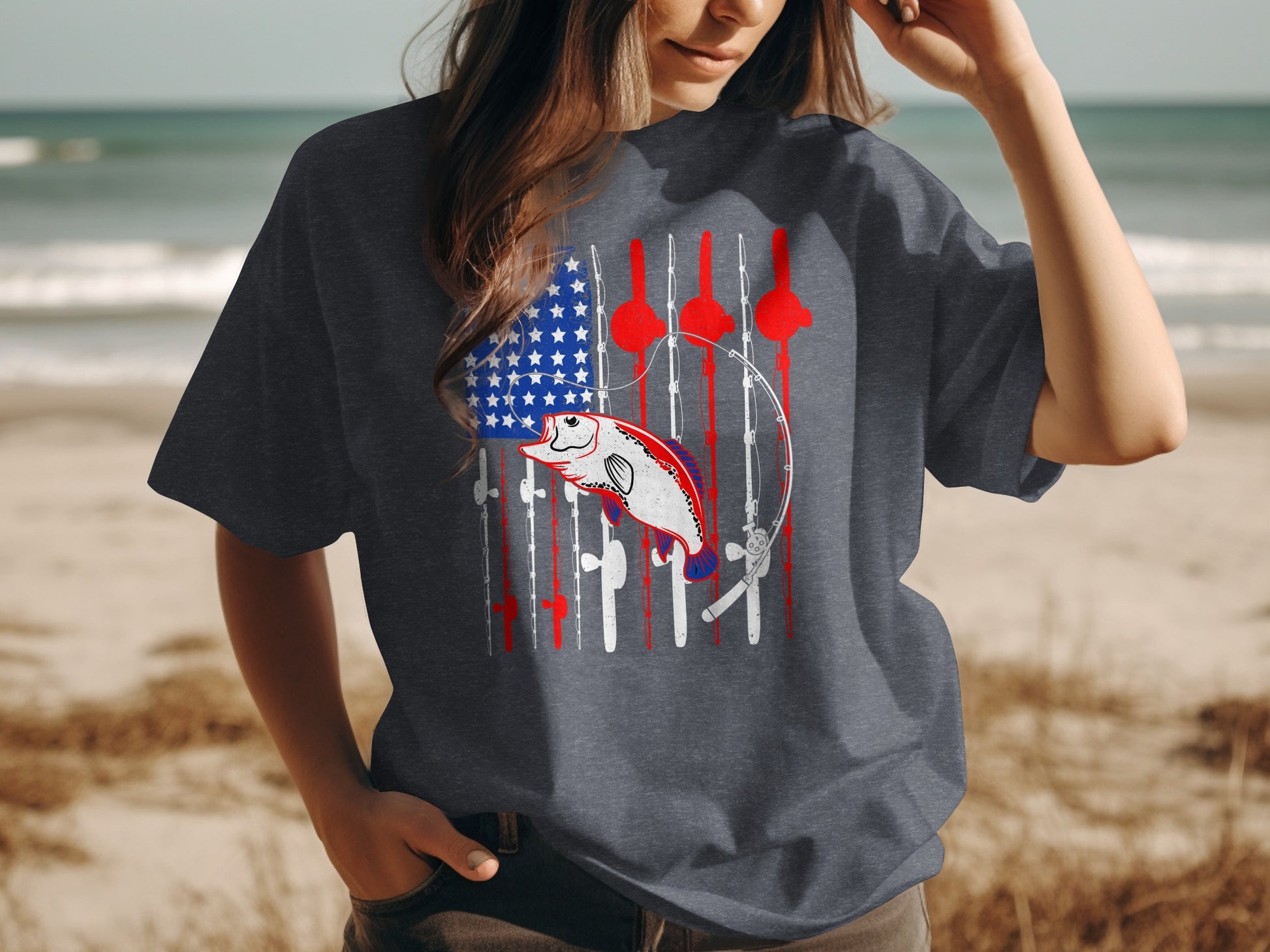 Dark gray t-shirt with American flag design featuring a fishing rod and bass.