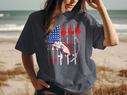 Dark gray t-shirt with American flag design featuring a fishing rod and bass.