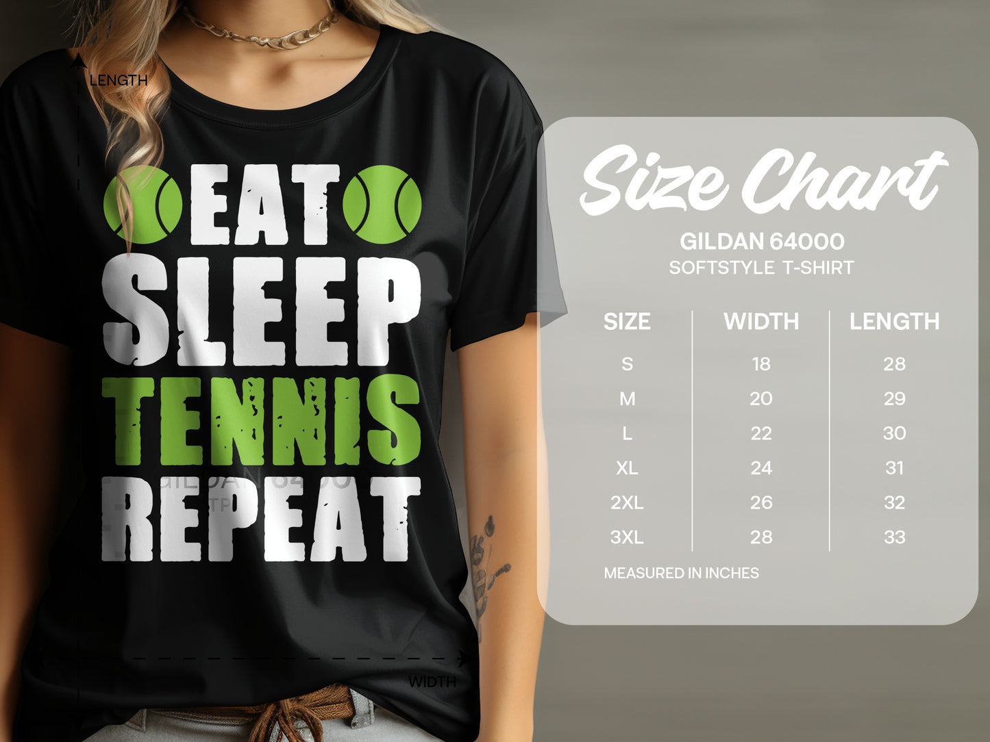 Black t-shirt with green and white "Eat Sleep Tennis Repeat" text and size chart.