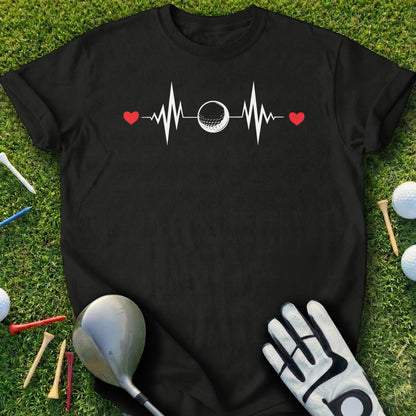 Black t-shirt with a heartbeat graphic featuring a golf ball at the peak.