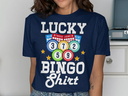 Navy blue t-shirt with "LUCKY BINGO Shirt" and bingo balls.