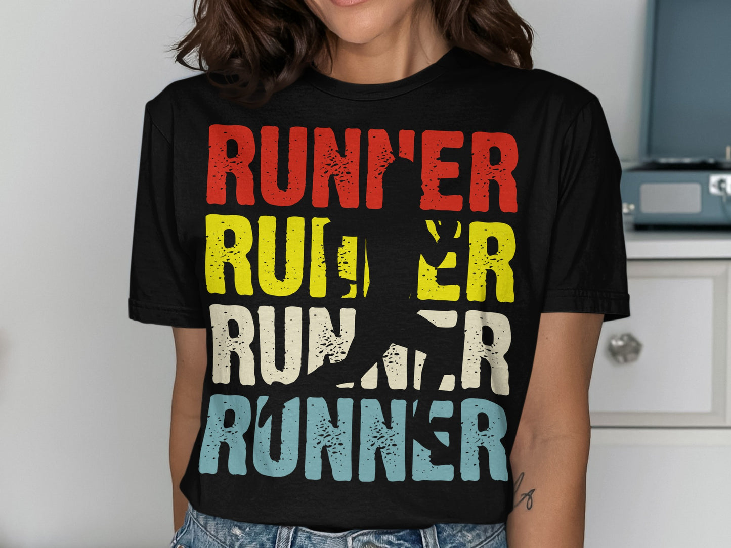 Runner graphic t-shirt with repeating "Runner" text in red, yellow, and blue.