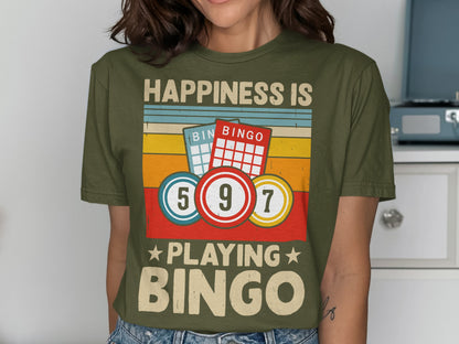 Green t-shirt with "Happiness is Playing Bingo" and bingo cards and balls.