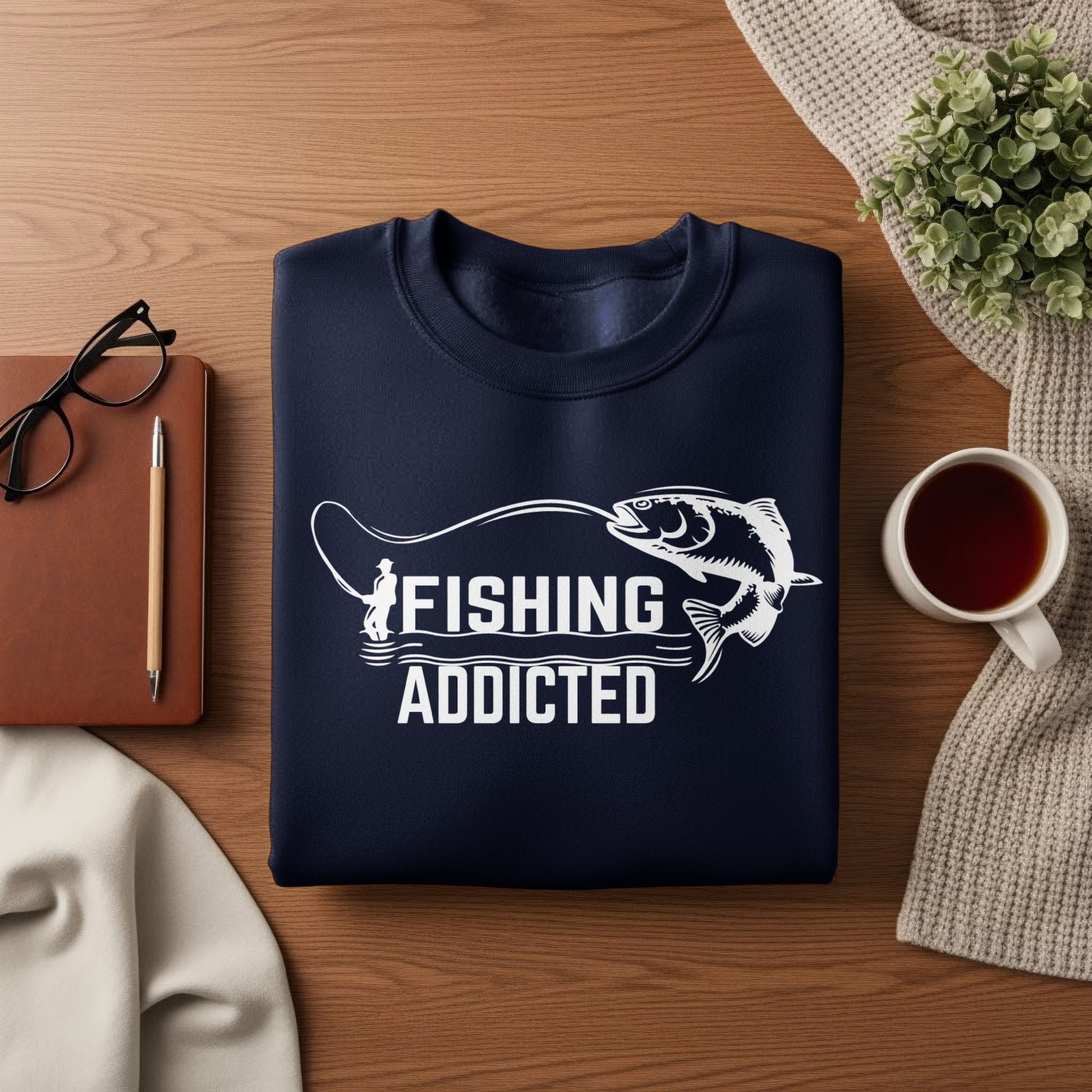 Dark blue sweatshirt with "FISHING ADDICTED" graphic featuring a fish.