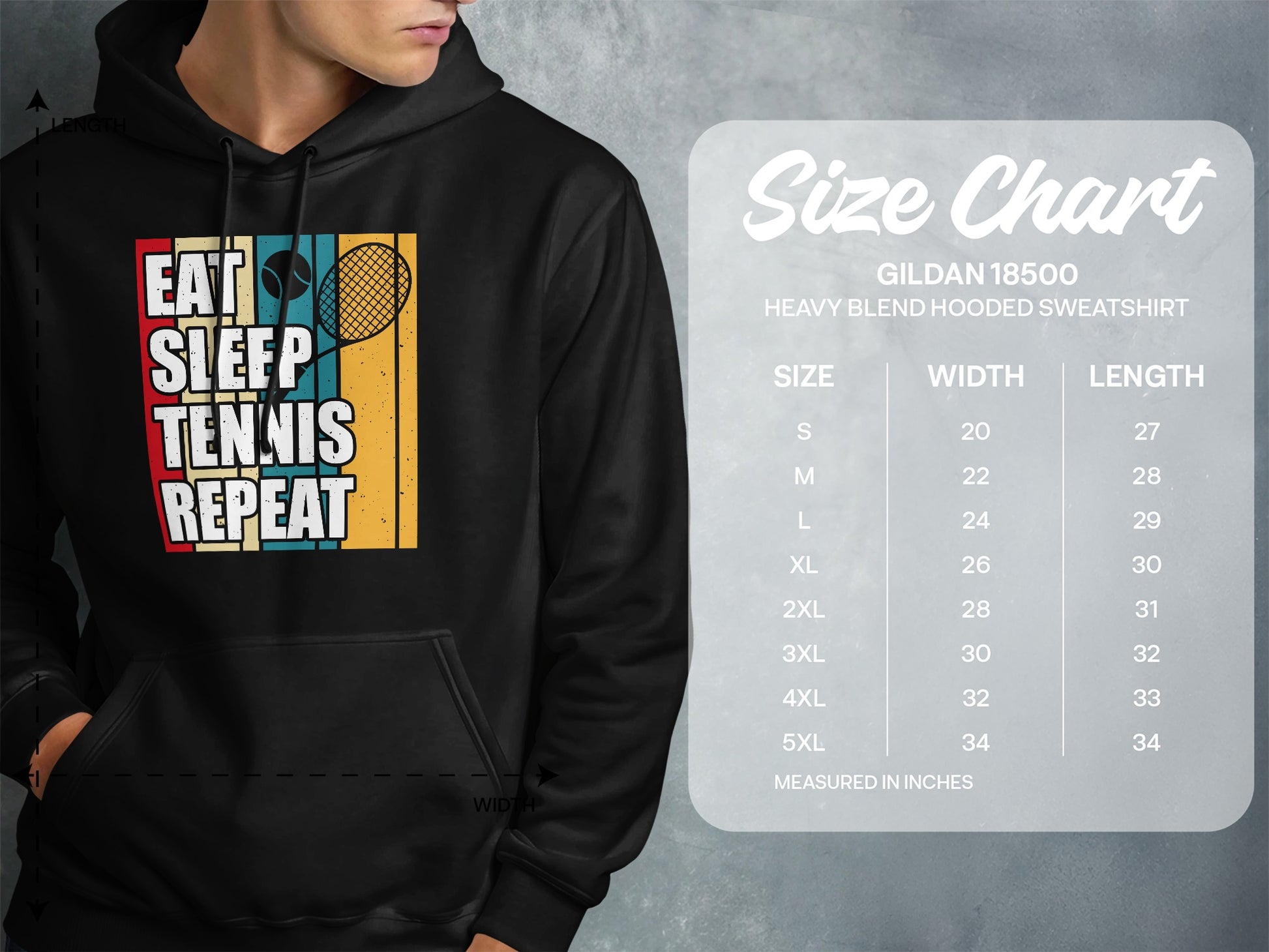 Men's hoodie size chart featuring "Eat Sleep Tennis Repeat" graphic.