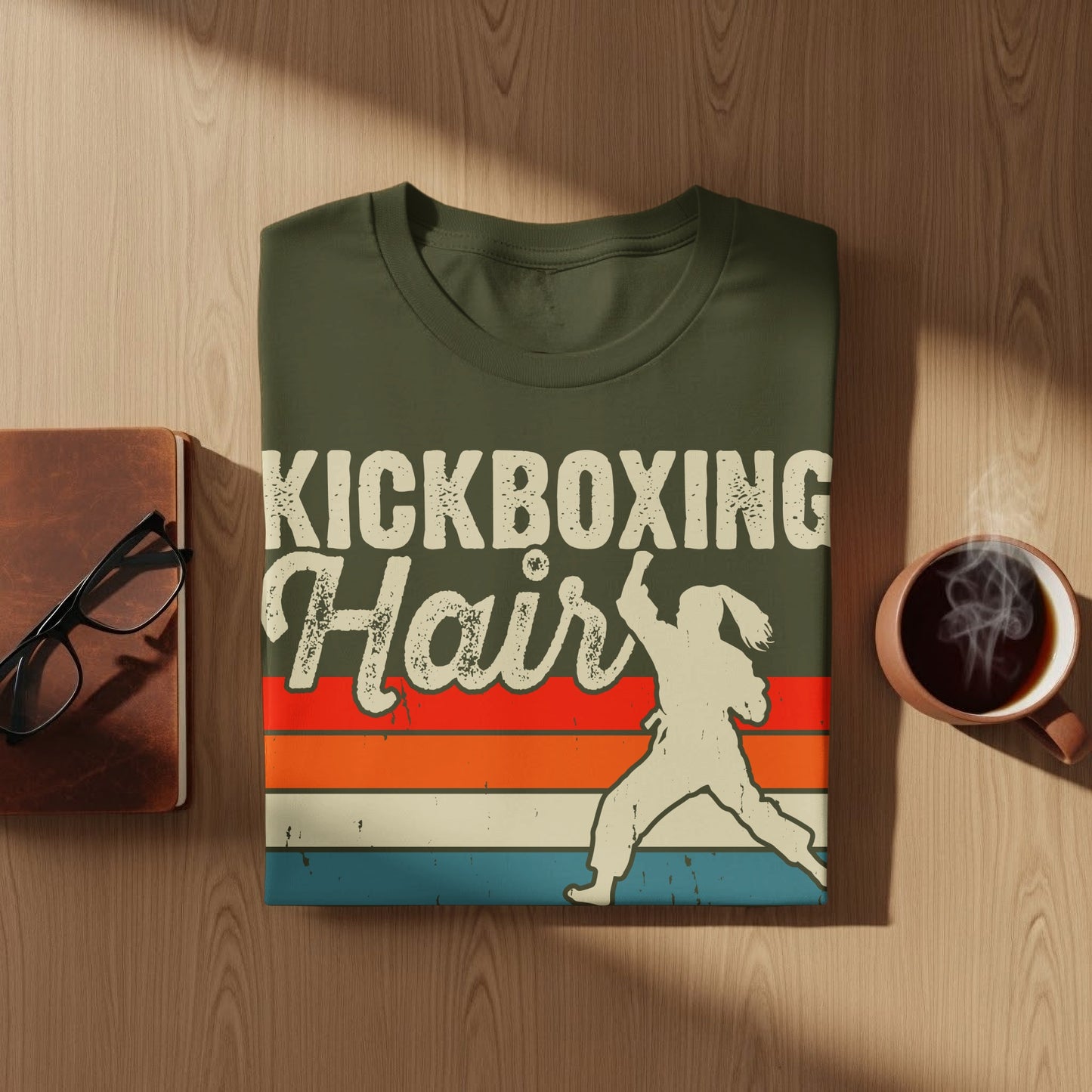 Olive green t-shirt with "Kickboxing Hair" text and a silhouetted fighter.