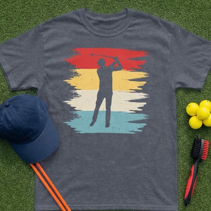 Dark t-shirt with a distressed graphic of a golfer mid-swing.