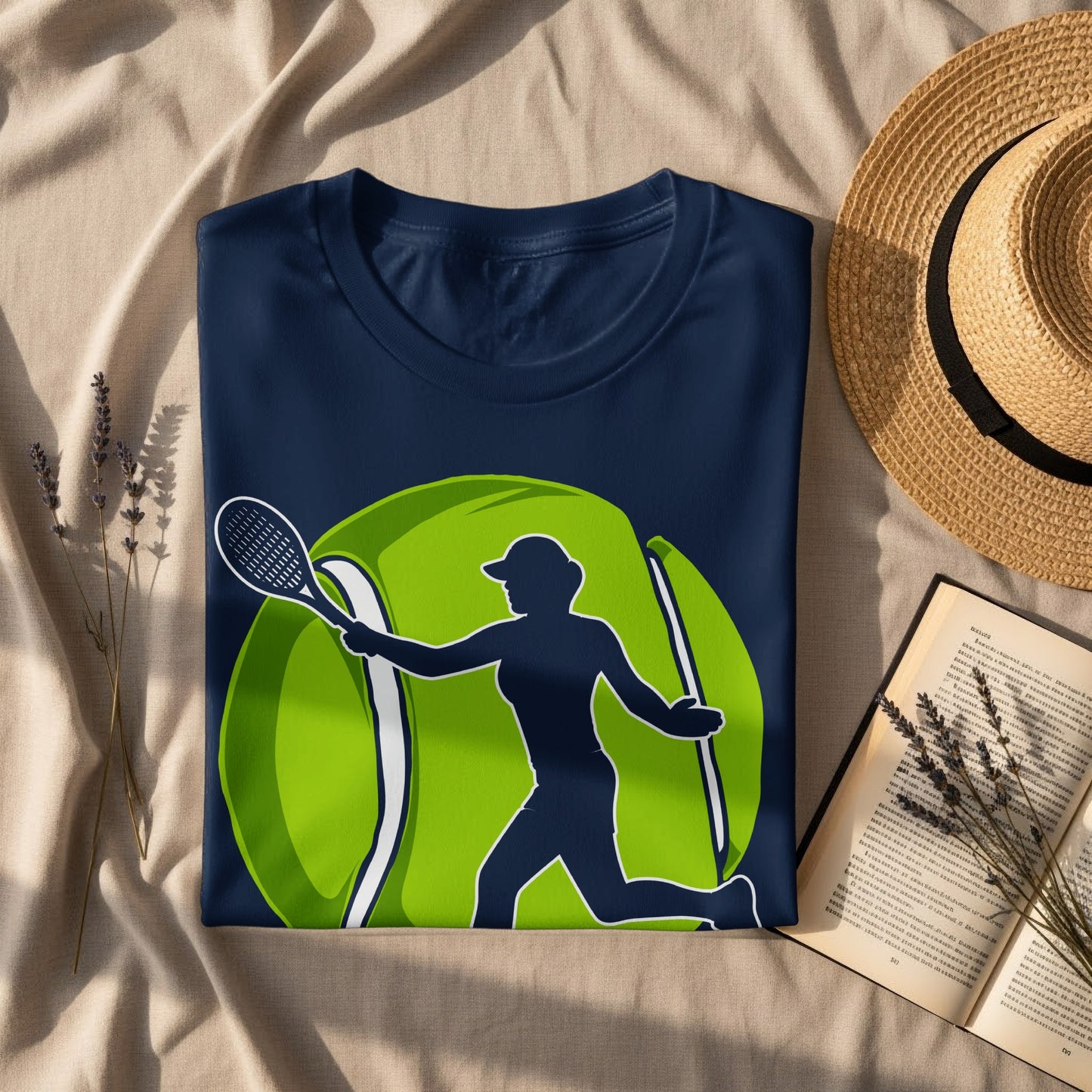 Navy t-shirt with a green tennis ball and silhouette of a player.