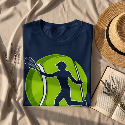 Navy t-shirt with a green tennis ball and silhouette of a player.