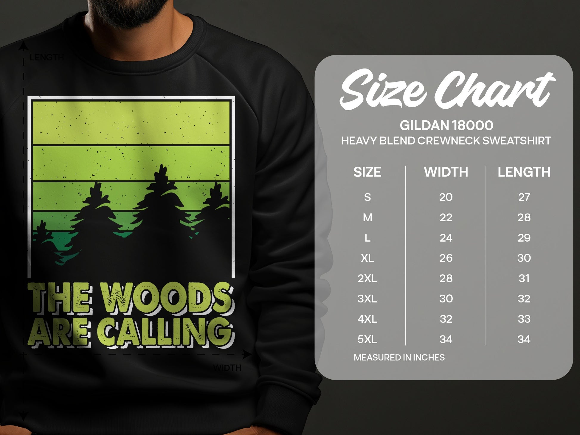 Green and yellow striped sweatshirt with "The Woods Are Calling" text and size chart.