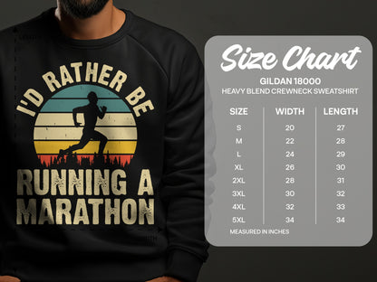 Sweatshirt with "I'd Rather Be Running A Marathon" graphic and size chart.