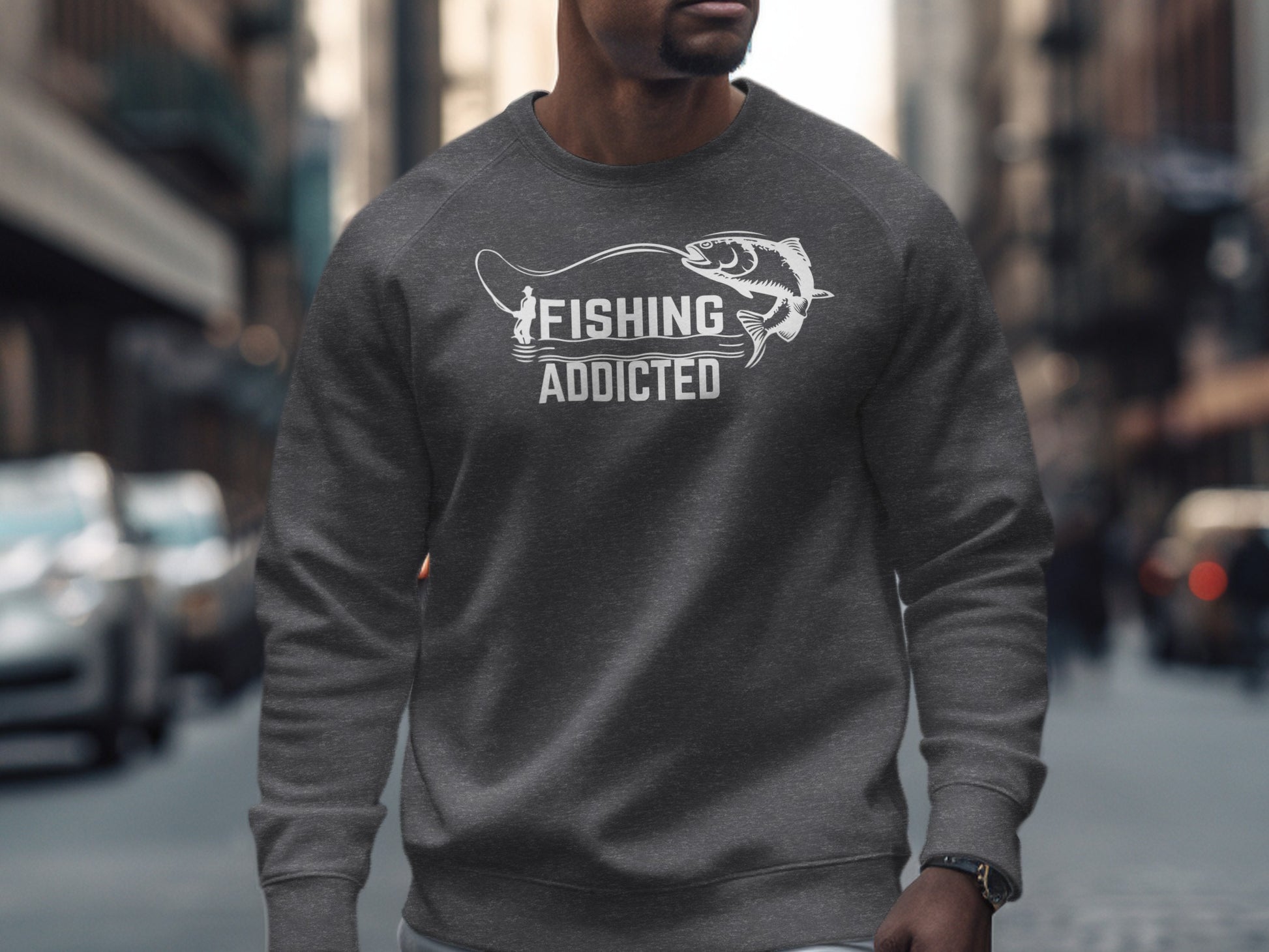 Dark grey sweatshirt with "FISHING ADDICTED" and fish graphic.