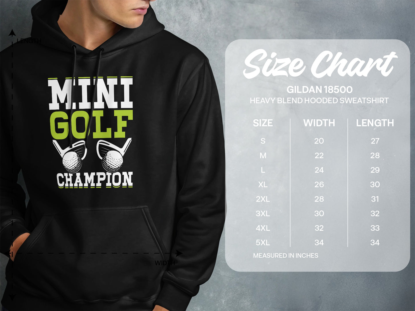 Black hoodie with "Mini Golf Champion" text and size chart.