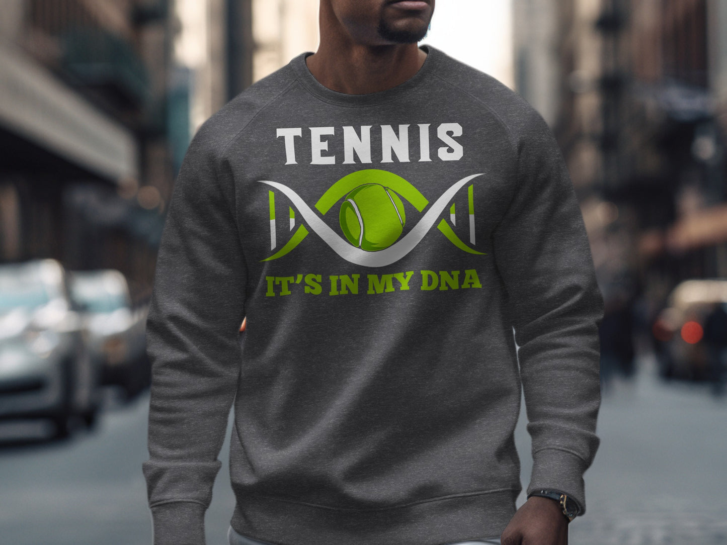 Grey sweatshirt with "TENNIS IT'S IN MY DNA" and a tennis ball graphic.