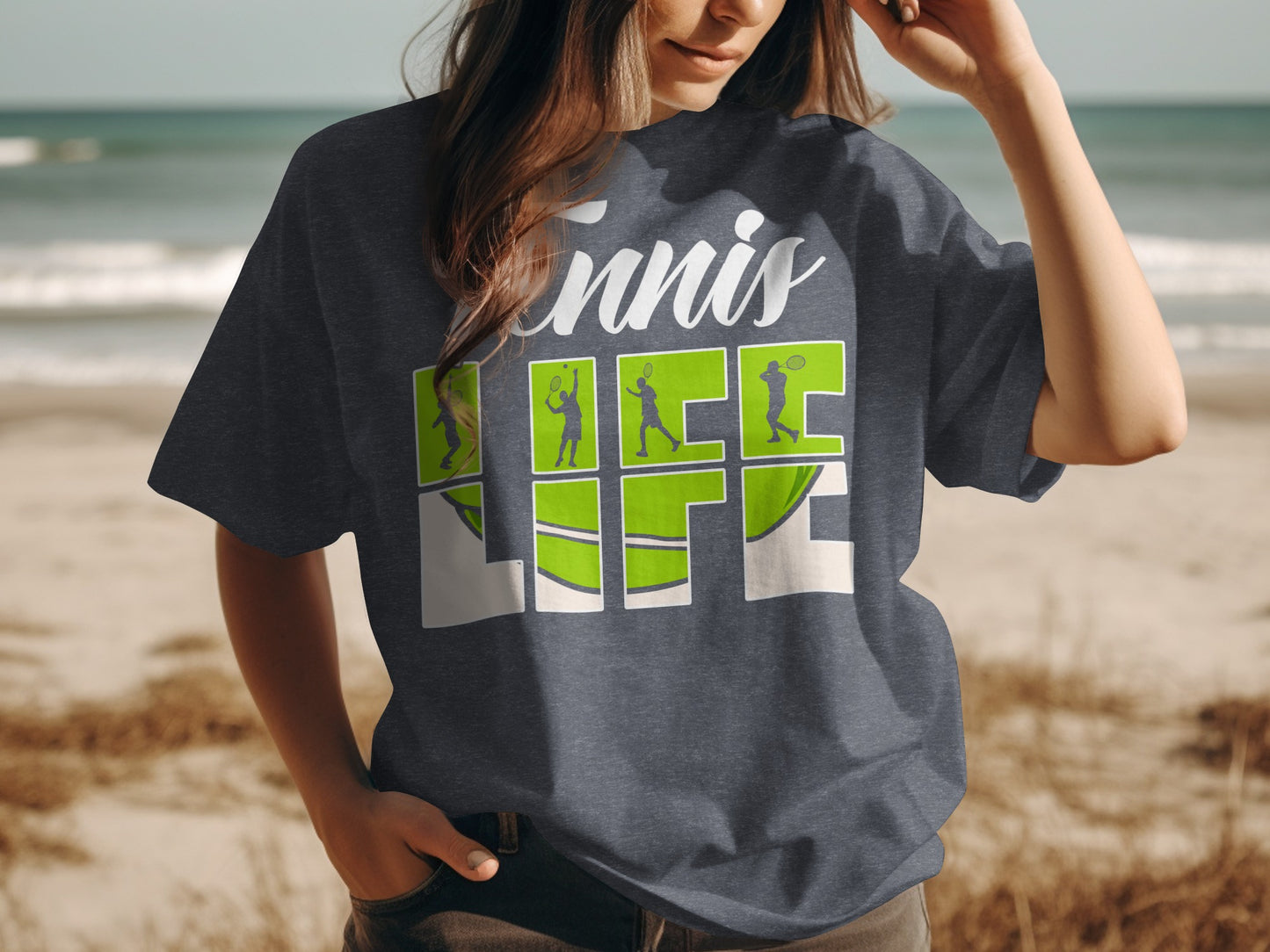 Dark grey t-shirt with "tennis LIFE" graphic and silhouette tennis players.
