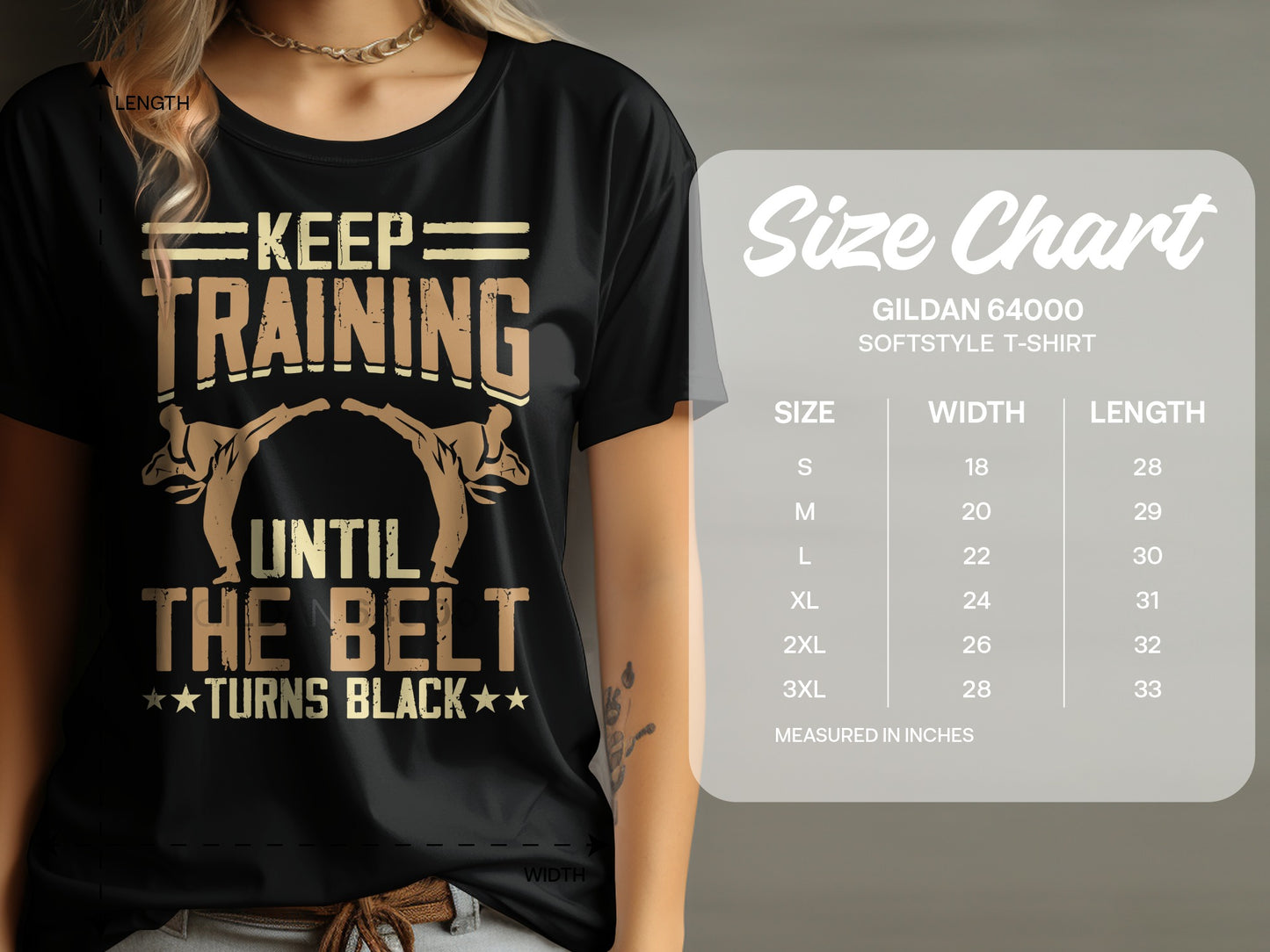T-shirt with "Keep Training Until the Belt Turns Black" graphic and size chart.