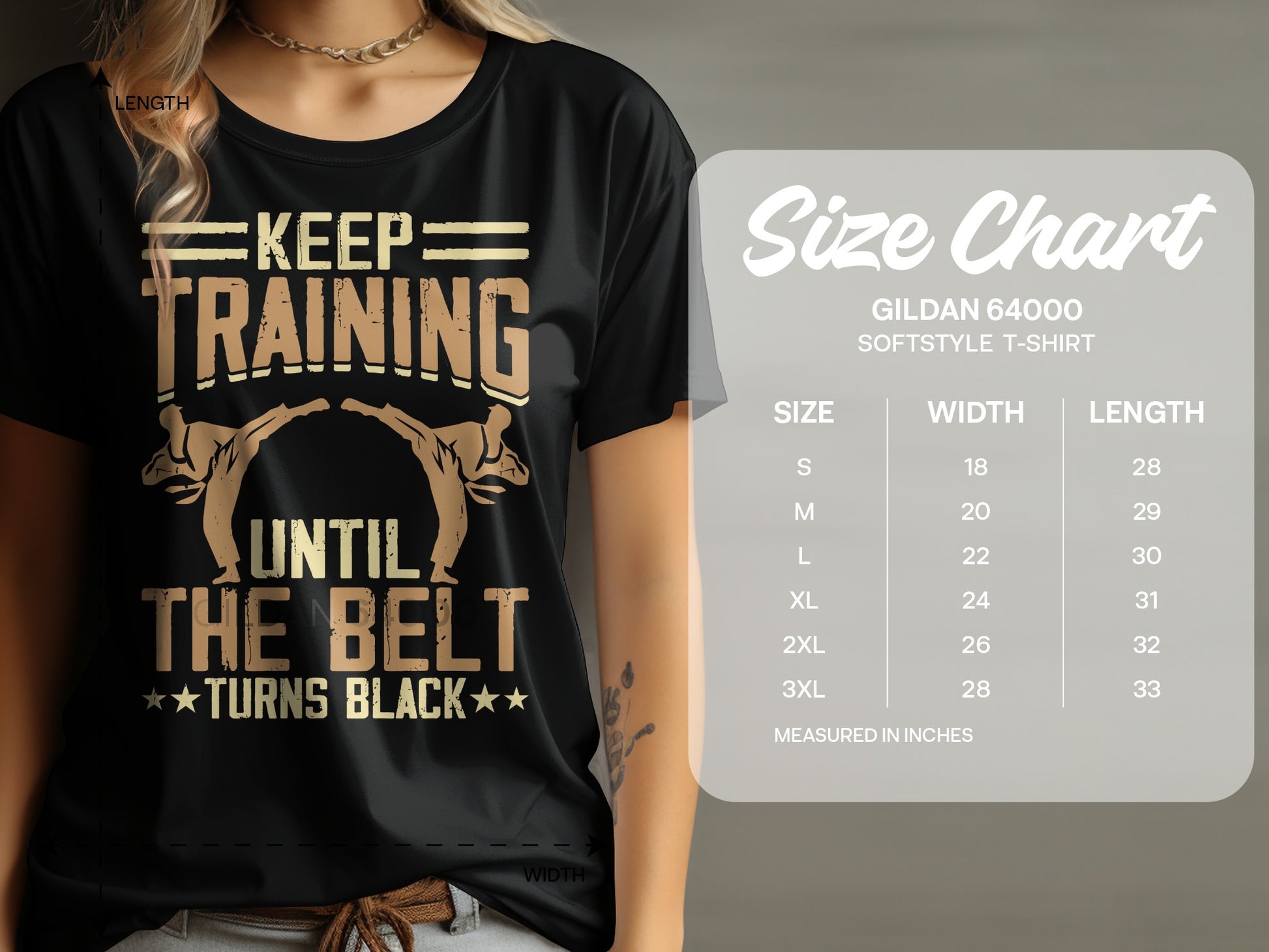 T-shirt with "Keep Training Until the Belt Turns Black" graphic and size chart.