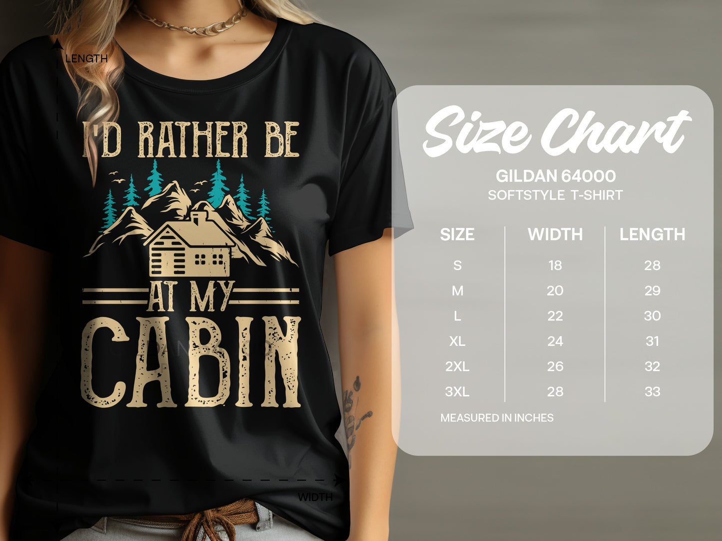T-shirt with "I'd rather be at my cabin" text and mountain graphic.