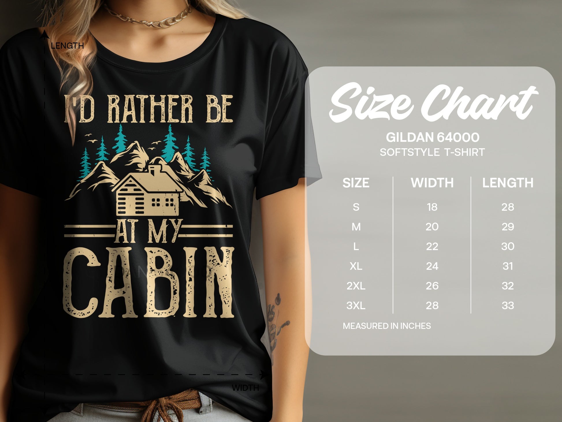 T-shirt with "I'd rather be at my cabin" text and mountain graphic.