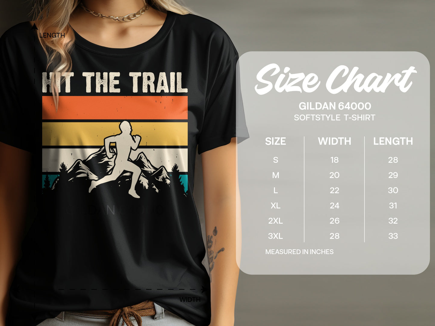 Black t-shirt with "Hit the Trail" graphic and size chart.