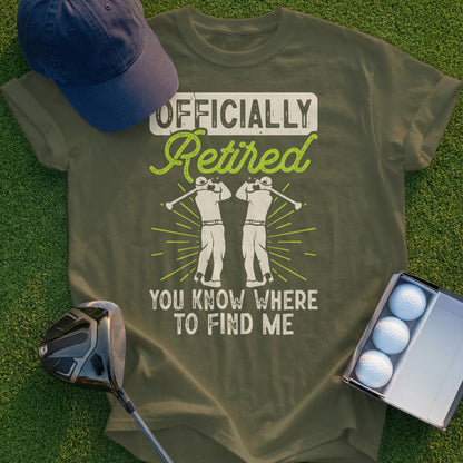 Olive green t-shirt with "Officially Retired" text and two golfers.