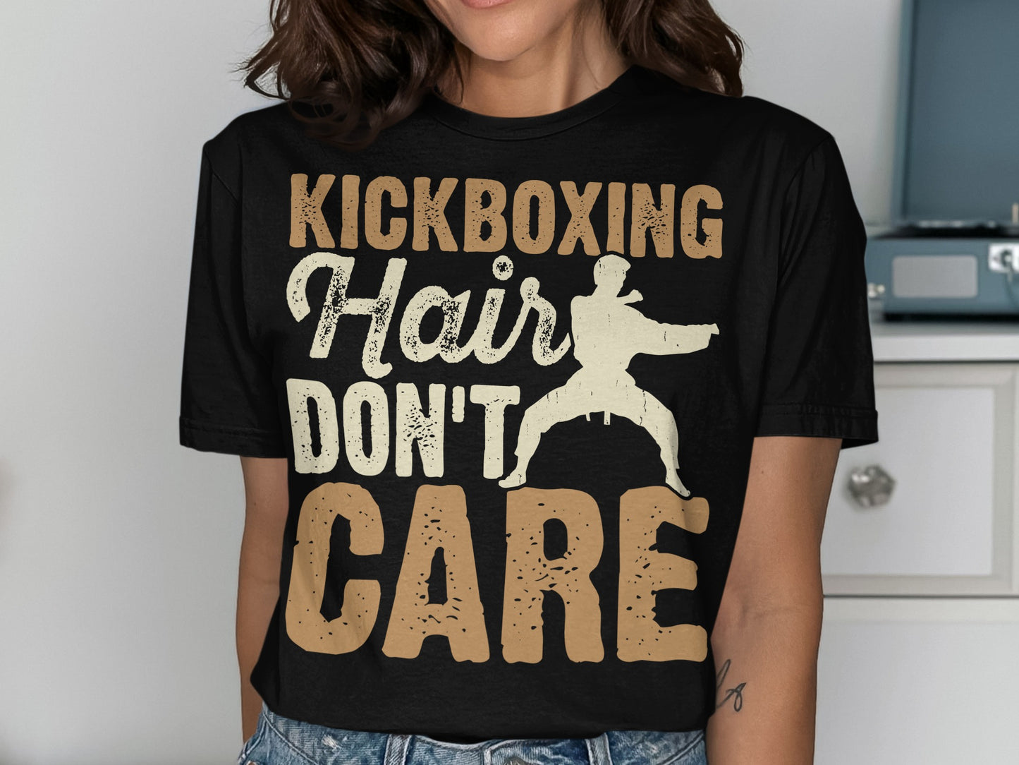 Kickboxing hair don't care text with silhouette of martial artist.