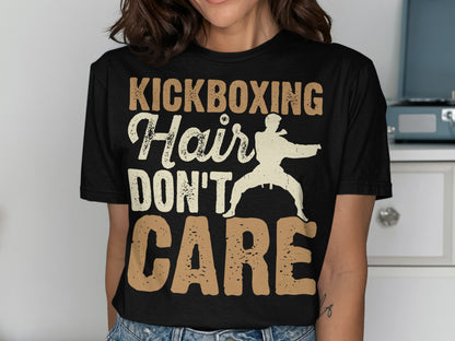 Kickboxing hair don't care text with silhouette of martial artist.