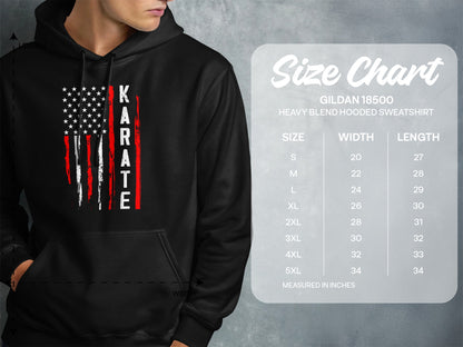 Hooded sweatshirt with distressed American flag graphic and "KARATE" text.