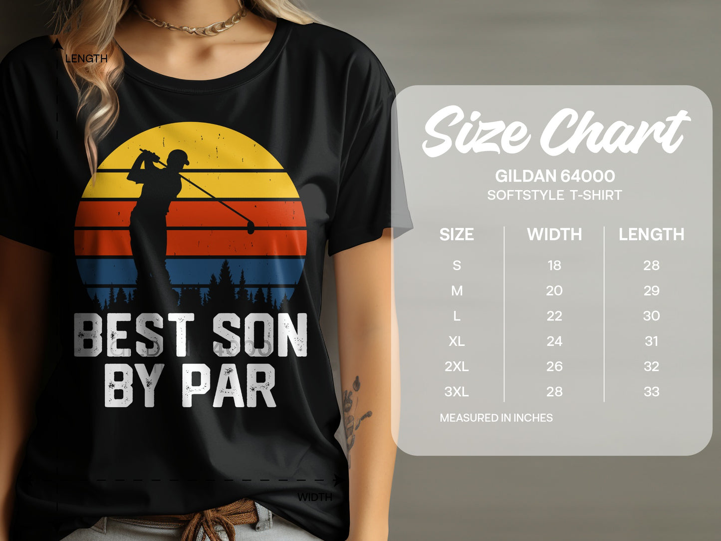 Black t-shirt with golf sunset graphic and "Best Son By Par" text.