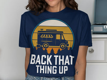 Navy t-shirt with a food truck graphic and "BACK THAT THING UP" text.