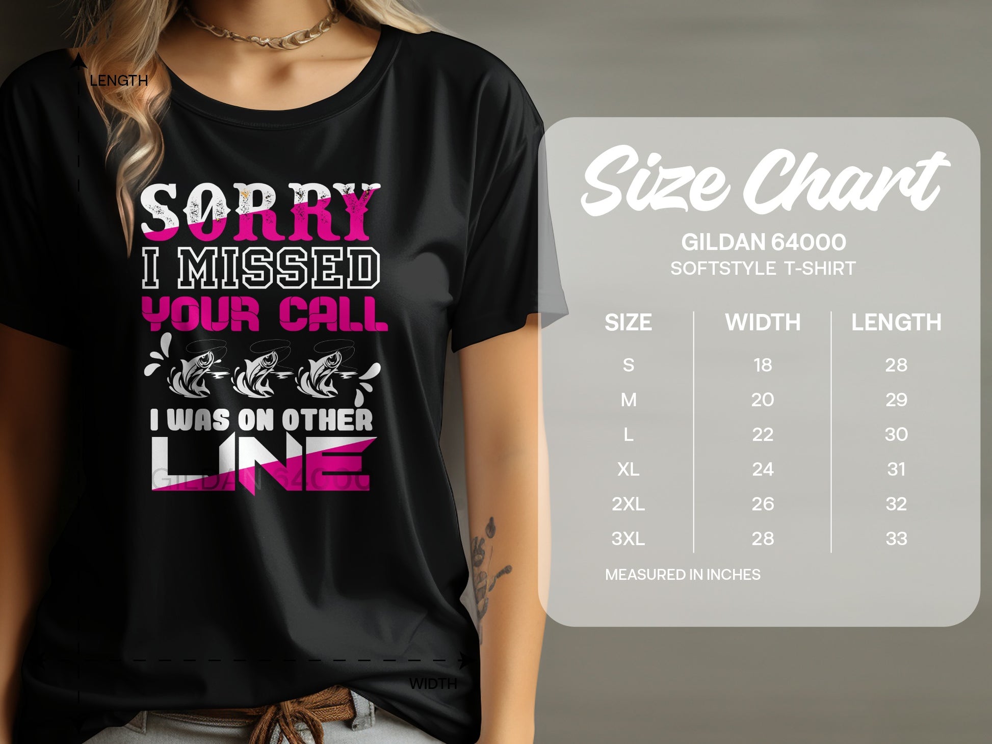 Black t-shirt with "SORRY I MISSED YOUR CALL I WAS ON OTHER LINE" graphic and size chart.