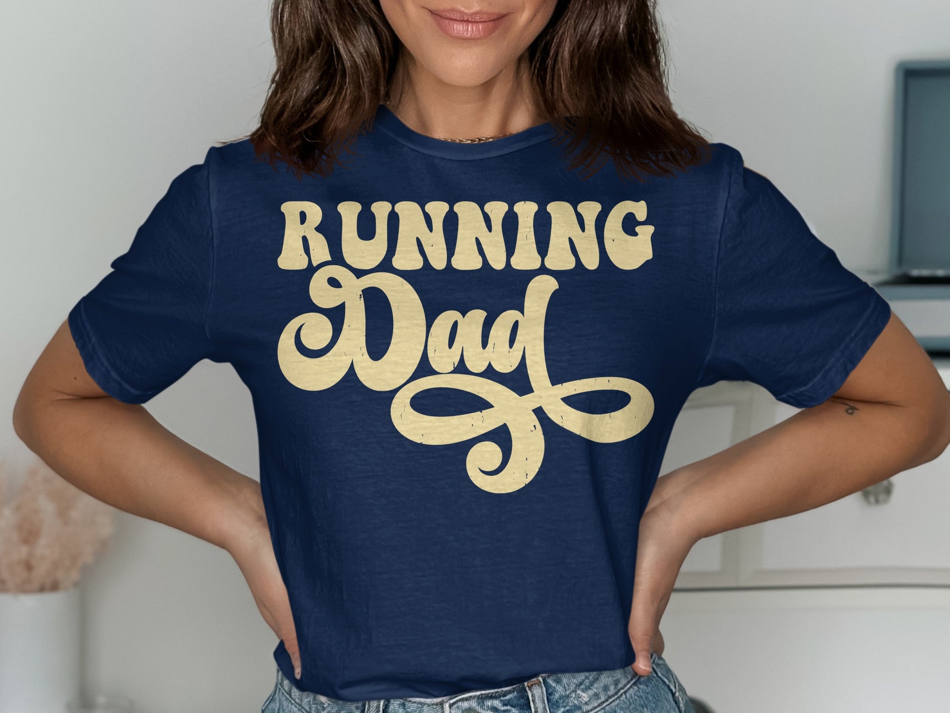 Navy t-shirt with "RUNNING Dad" in a distressed, vintage font.