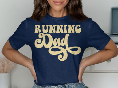 Navy t-shirt with "RUNNING Dad" in a distressed, vintage font.