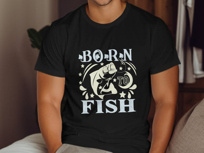 Black t-shirt with "Born to Fish" text and a leaping fish graphic.