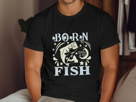 Black t-shirt with "Born to Fish" text and a leaping fish graphic.