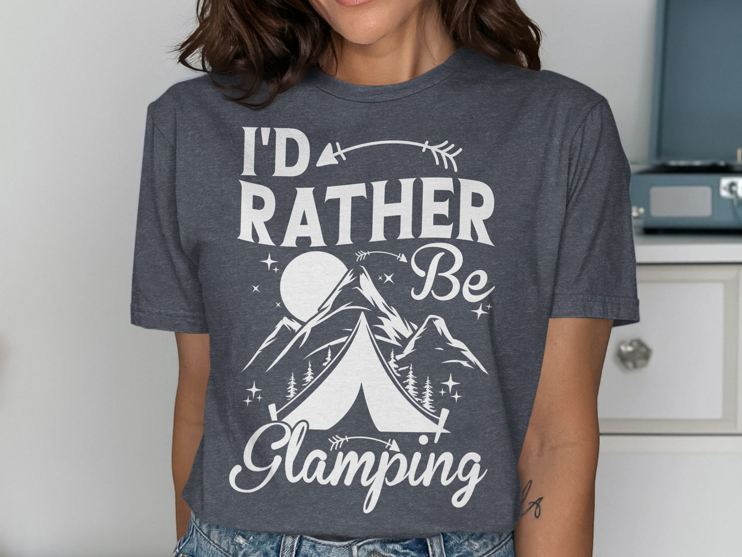 T-shirt with "I'd Rather Be Glamping" text and mountain and tent graphic.